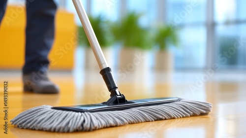 Wallpaper Mural Janitor Cleaning Floors with Mop in a Bright Modern Indoor Environment with Potted Plants Torontodigital.ca