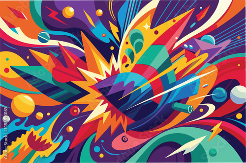 Colorful abstract vector illustration depicting dynamic movement with bold shapes, swirls, and cosmic elements against a vibrant background