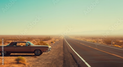 Vintage Car on a Deserted Highway A Journey into the Vastness of the Desert Landscape
