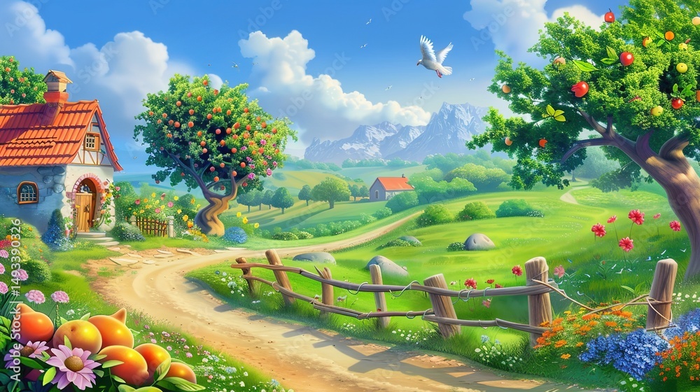 Fototapeta premium On one side are trees laden with fruits, and on the other side are houses with red roofs. The green lawn is dotted with colorful flowers. In the distance, the mountains form a tranquil backdrop.
