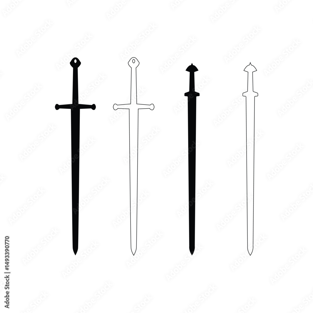 Fototapeta premium Medieval Sword Silhouettes and Outline Vector Set Vintage Knight Weapon Icons Collection on White Background