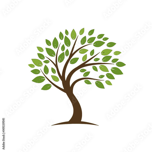 A stylized drawing of a flourishing tree with vibrant green leaves and a sturdy brown trunk.