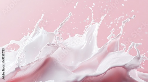 White liquid splash on a light pink solid background, close up