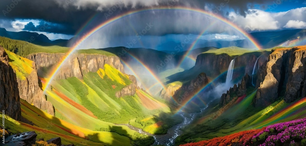 Obraz premium Double Rainbow Over Canyon Waterfalls: Vibrant Landscape, Mountain Scenery