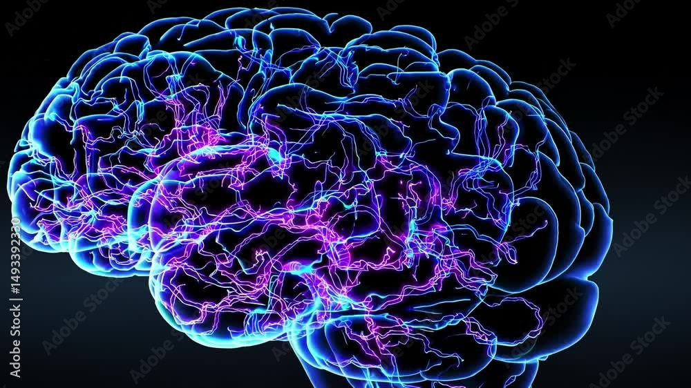 Futuristic Digital Brain Animation: Glowing Blue Neural Pathways & Synapses on Dark Background, Side View - Advanced AI, Neuroscience, Medical Tech & Innovation Concept
