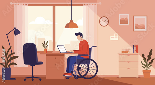 Young man in wheelchair working on laptop in cozy home office  