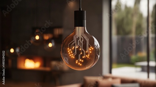 Decorative lightbulb with circuit design in a modern interior setting