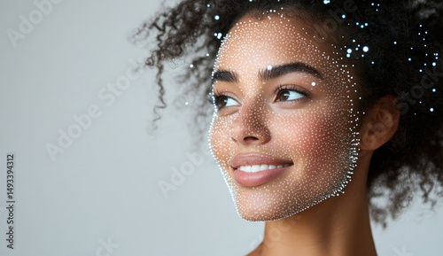 Woman with digital face overlay