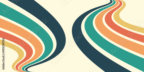 Abstract colorful 70s background vector. Vintage retro wallpaper with rainbow stripes and wavy lines.