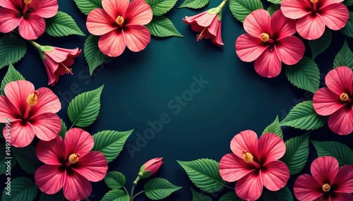 Vibrant hibiscus blossoms, lush leaves, repeating floral motif, plant, texture