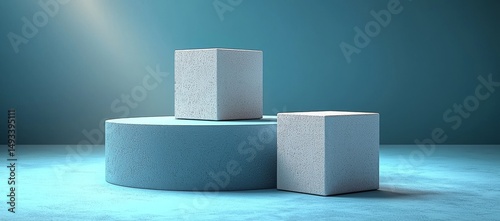 A modern 3D rendering of a round corner cube platform podium with an abstract white and blue design, set against a light blue minimal wall scene with window lighting, ideal for product display