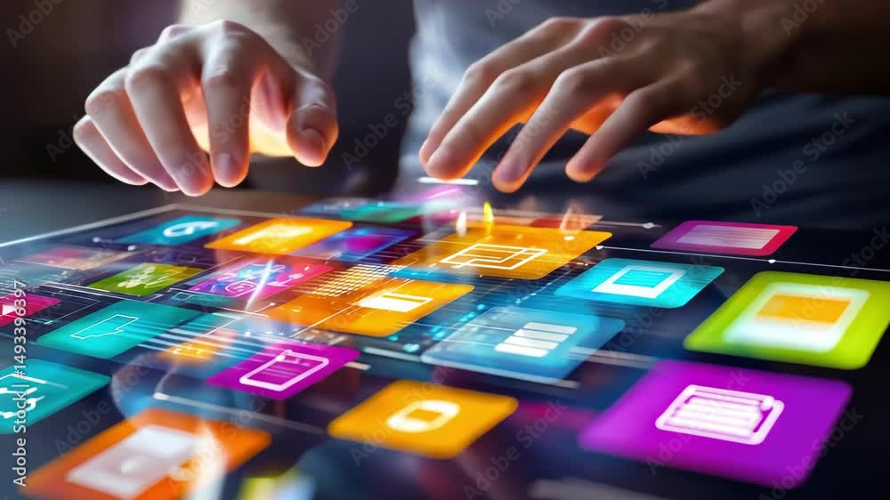 Hands interact with vibrant digital interface on device screen Hands interact with vibrant digital interface on device screen