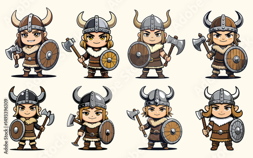 chibi characters bundle fierce viking warrior character set