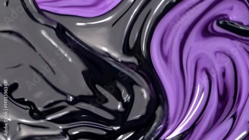 Purple and gray paints swirling, blending dynamically into hypnotic fluid abstract pattern with organic, mesmerizing color interaction