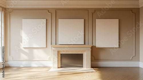 Blank canvas frames above a fireplace in a beige interior