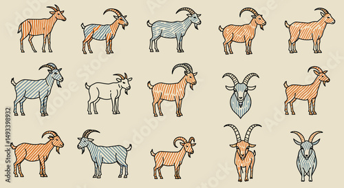 Collection of Striped Goats in Vintage Style