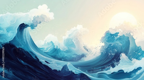 Stylized illustration of ocean waves with a bright sun in the sky
