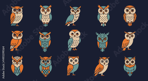 Collection of stylized owls in teal and orange hues