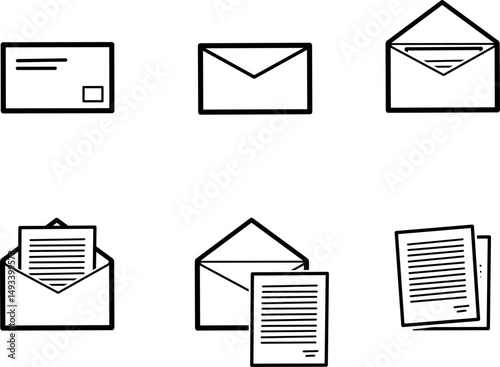 Icon set of mail process stages, featuring envelope front, opening, paper being pulled out, and letter sheet in outlines style
