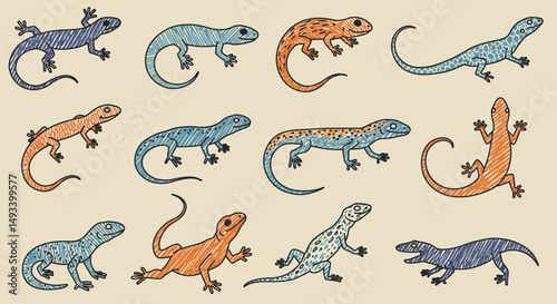 Colorful HandDrawn Lizards Displaying Unique Patterns and Textures in Various Poses