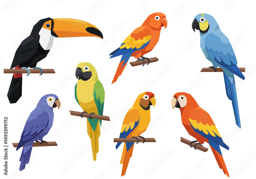 Obraz premium Colorful Tropical Birds Toucan and Macaws on Perches Geometric Style