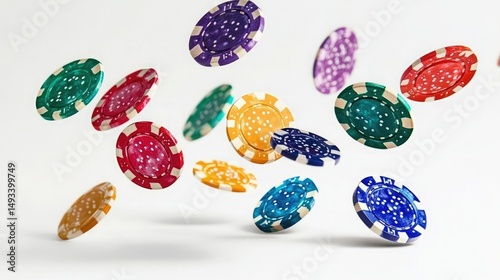 Colorful poker chips falling isolated on white background close up