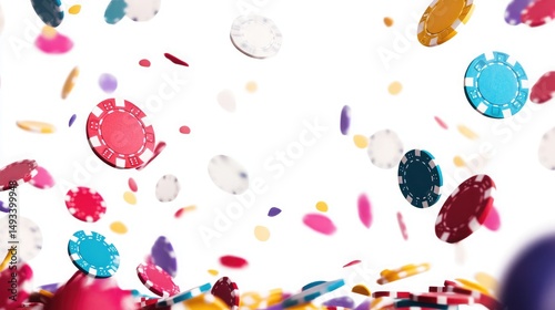 Casino chips falling, isolated on white background, creating excitement