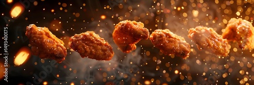 Crispy fried chicken wings in motion against a dark background.