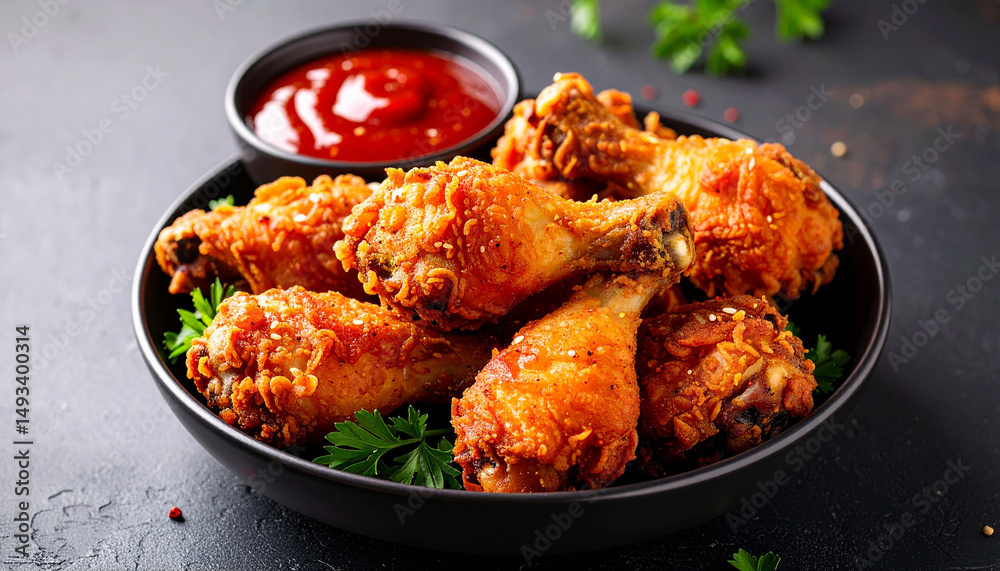 Fototapeta premium Spicy fried chicken drumsticks with tomato sauce against dark backdrop. Tasty food. Delicious meal.