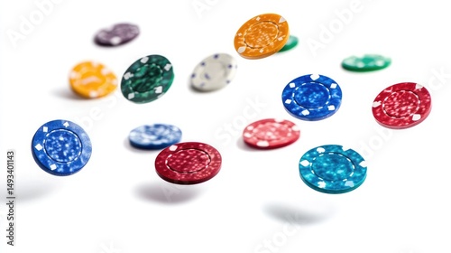 Colorful poker chips isolated on white background, gambling concept
