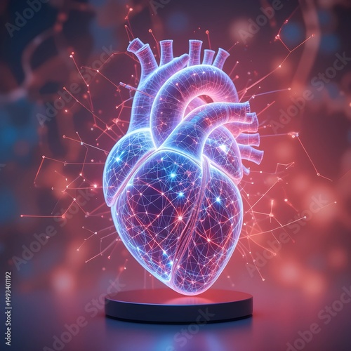 Futuristic 3D Digital Illustration of the Human Heart with Neural Connections and Glowing Network Patterns for Medical and Technological Use