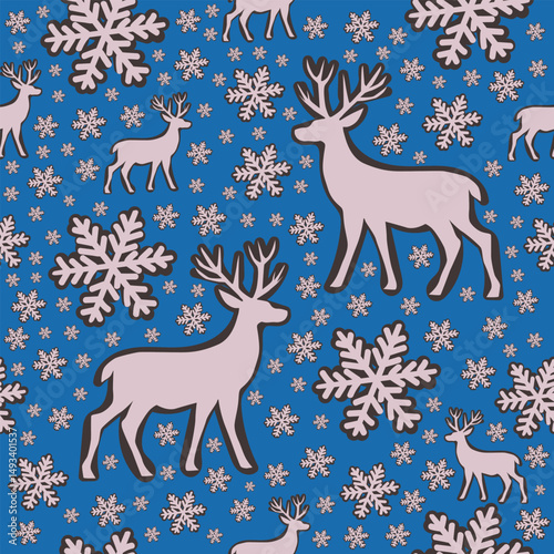 Blue Winter Reindeer and Snowflakes