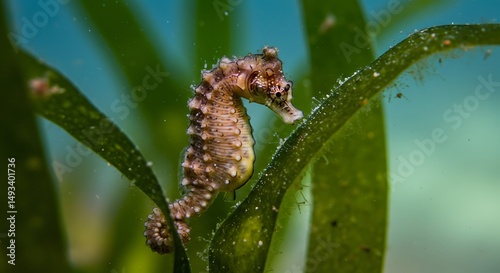 A seahorse clinging to seagrass underwater with a blurred blue background viewable