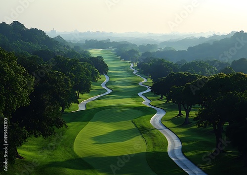 Lush golf course winding through valley