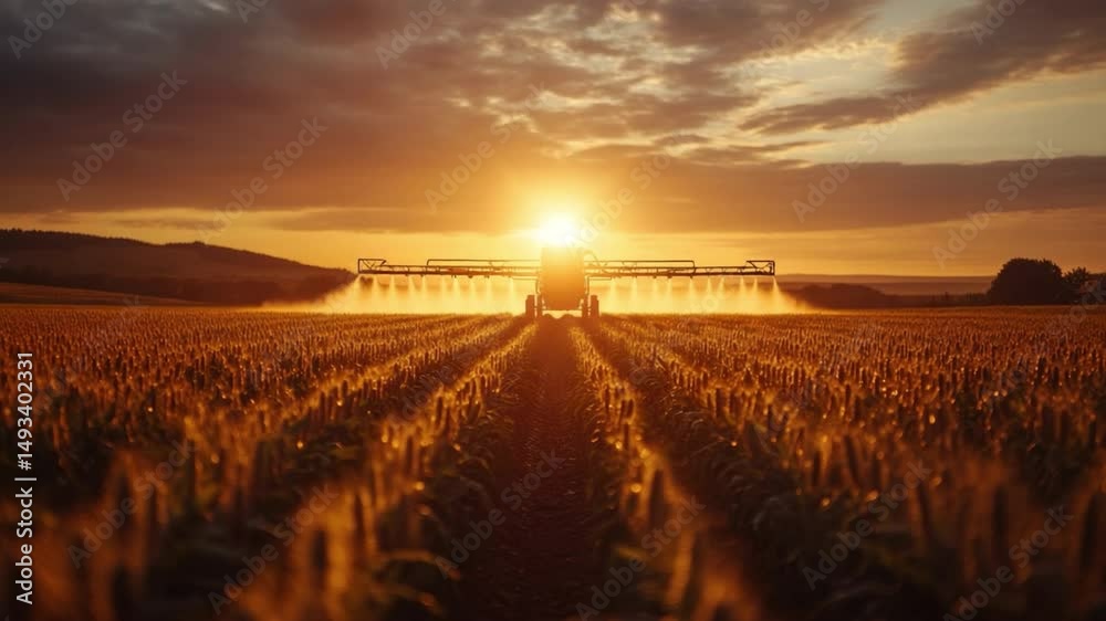 Golden Harvest Sunset: A breathtaking vista unfolds as the sun casts its golden rays over a vast wheat field, with a crop sprayer in the distance. Golden Harvest Sunset: A breathtaking vista unfolds as the sun casts its golden rays over a vast wheat field, with a crop sprayer in the distance.