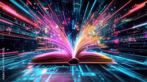 Open book with light beams on a digital circuit board background