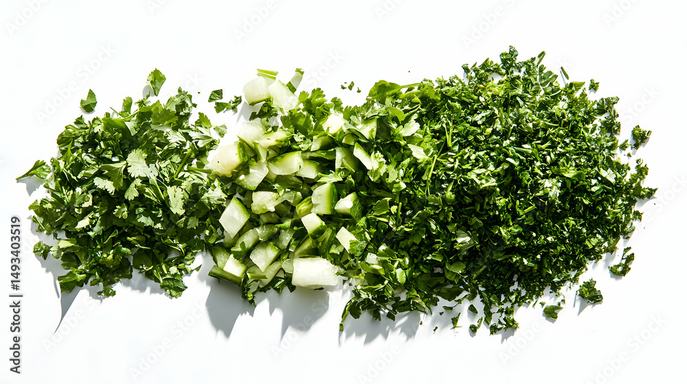 Fototapeta premium Freshly Chopped Green Herbs on White Surface for Culinary Use