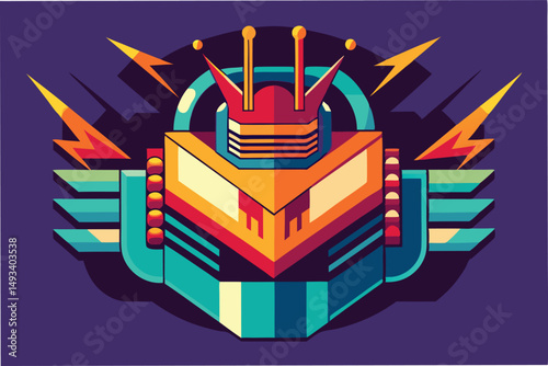 Bold vector illustration of a stylized robotic face with vibrant colors and geometric shapes, combining retro and futuristic design elements