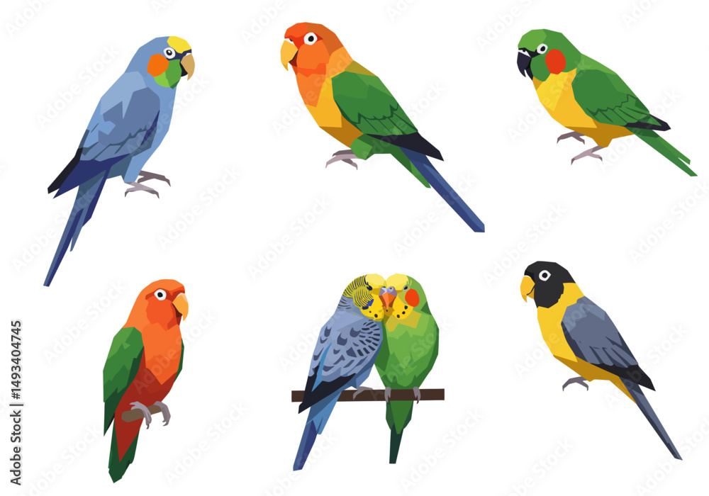 Naklejka premium Colorful Geometric Parrots in Various Poses Displaying Unique Plumage