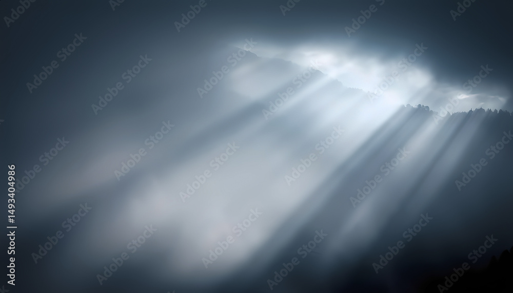 Dramatic rays of light penetrate dense clouds or fog, creating a mystical effect. Dramatic rays of light penetrate dense clouds or fog, creating a mystical effect.