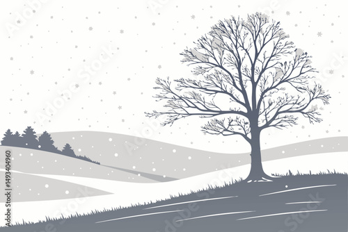  snowy winter landscape, lone tree on top of a hill, minimal color palette, muted tones, serene, tranquil, calming, peaceful, evocative, atmospheric