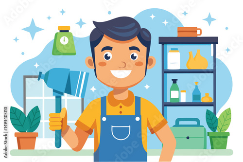Bright vector illustration of a cheerful young man cleaning in a tidy indoor setting with tools and supplies, highlighting a positive attitude towards household chores