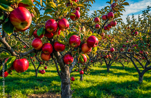 Apple Orchard with Ripe Red Apples Hanging on Tree Branches