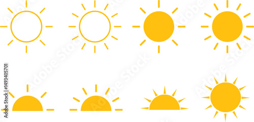 Sun icon set. Hot solar energy for tan. Sunset symbol. Sunshine simple icons collection