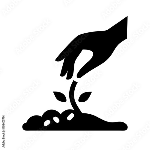 Hand planting a seed silhouette on transparent background for web and graphic design