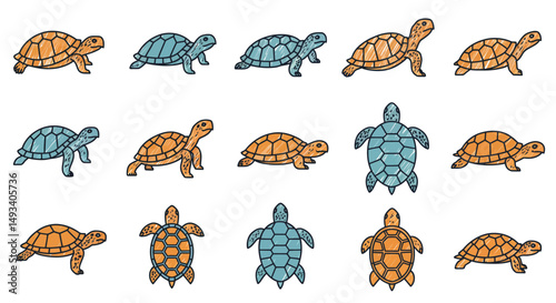 Cartoonish turtles with orange and blue shells in various poses and angles