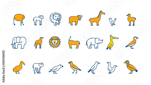 Collection of Stylized African Wildlife Icons in Orange and Blue