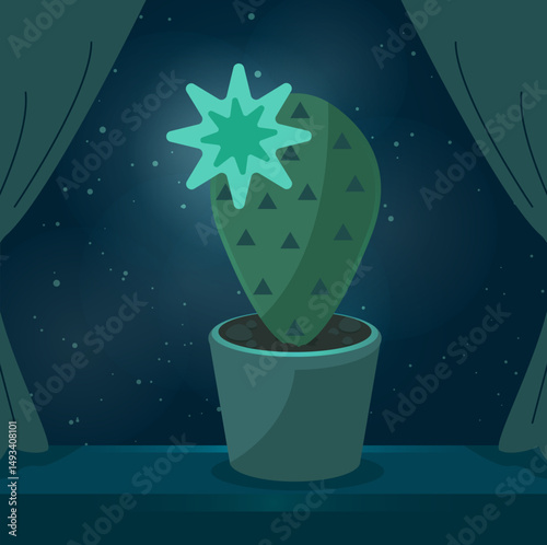 
Stylized vector image of a flowering cactus. Flat graphics, indoor flower on the window, moonlight, beautiful picture.
