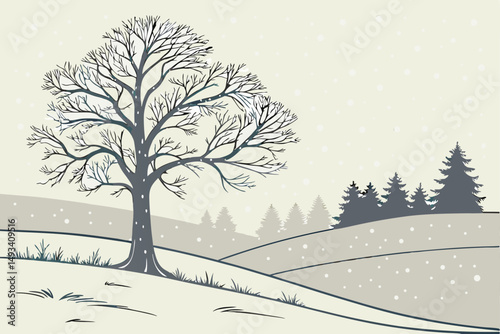  snowy winter landscape, lone tree on top of a hill, minimal color palette, muted tones, serene, tranquil, calming, peaceful, evocative, atmospheric