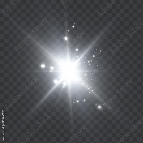 White explosion of bright lens light and glowing dust particles on transparent background. For magical visual effects, backlight overlays in design projects.